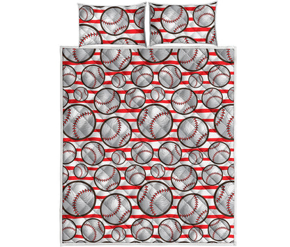 Red Striped Baseball Pattern Print Quilt Bed Set