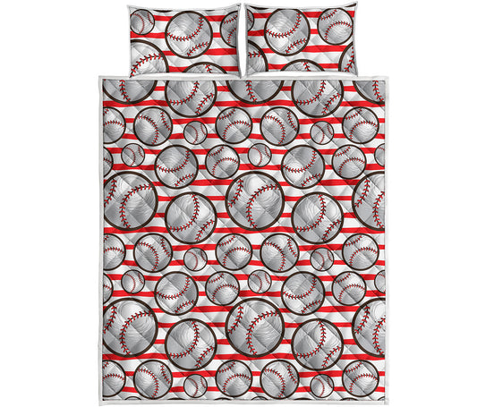 Red Striped Baseball Pattern Print Quilt Bed Set