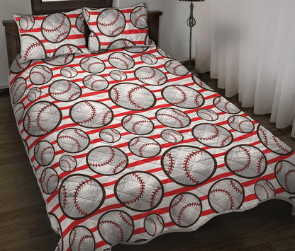 Red Striped Baseball Pattern Print Quilt Bed Set