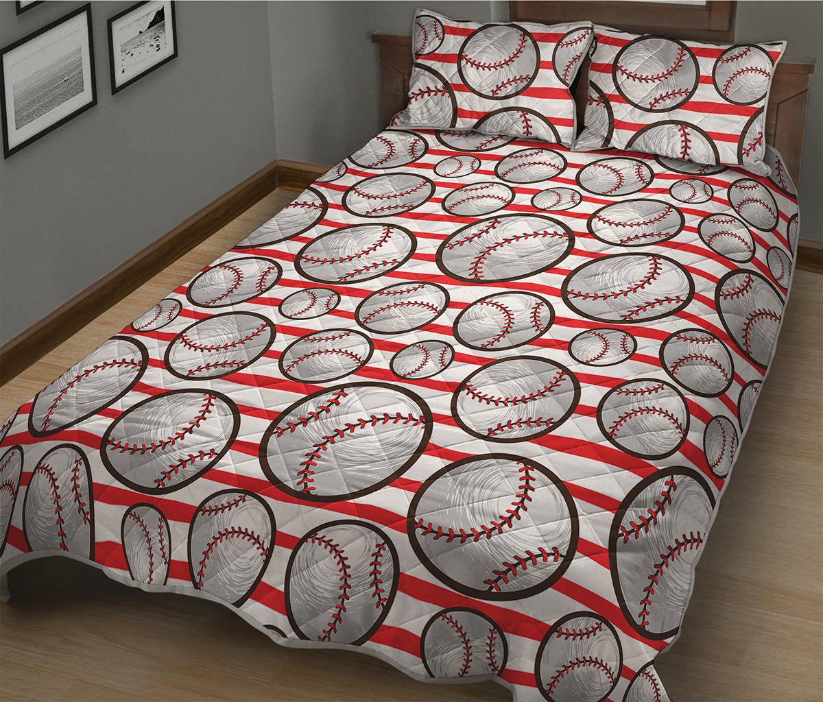 Red Striped Baseball Pattern Print Quilt Bed Set