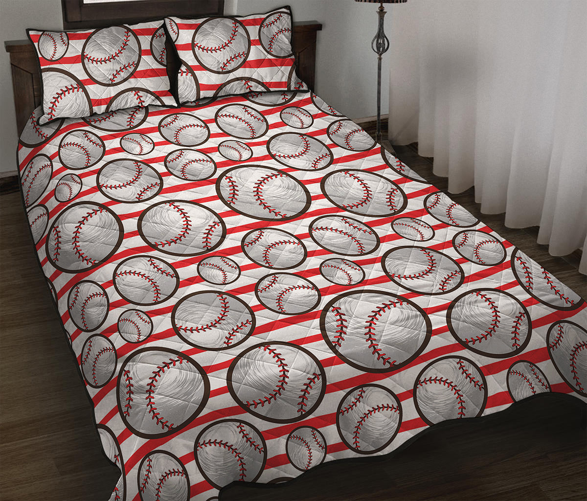 Red Striped Baseball Pattern Print Quilt Bed Set
