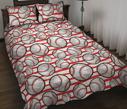 Red Striped Baseball Pattern Print Quilt Bed Set