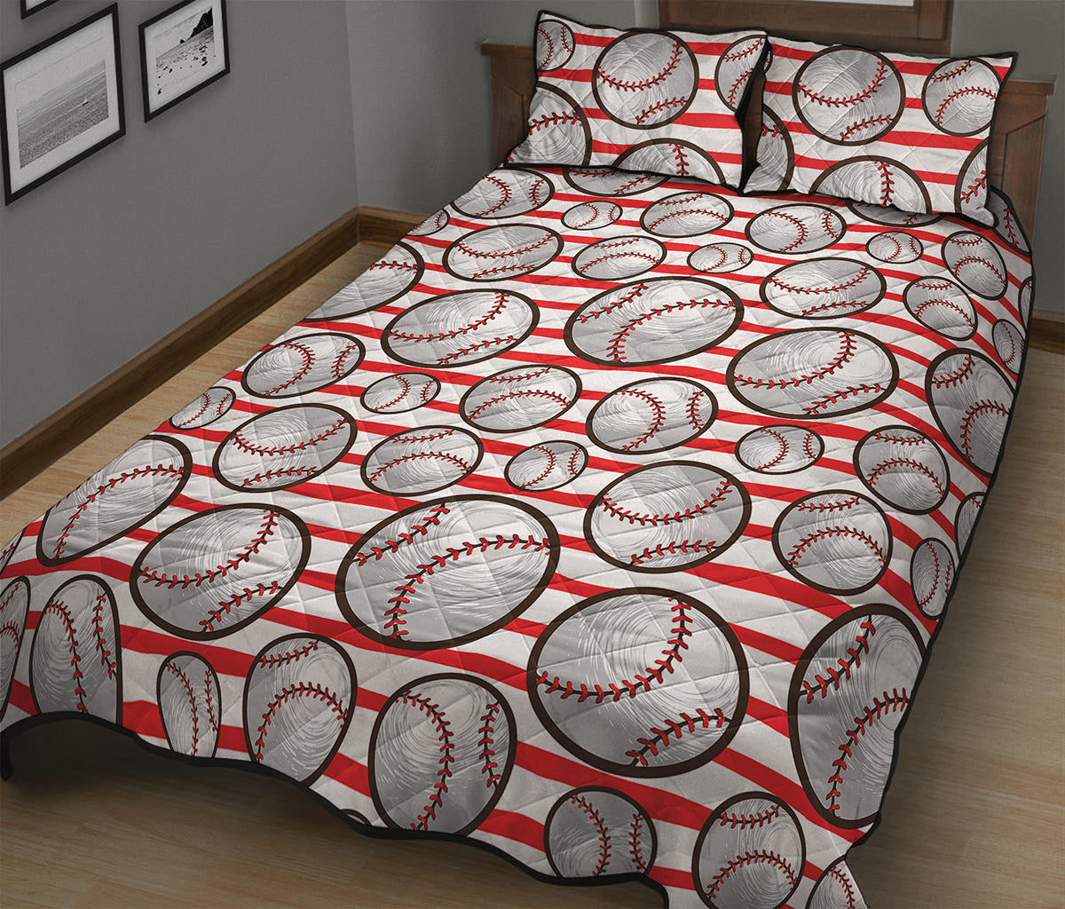 Red Striped Baseball Pattern Print Quilt Bed Set