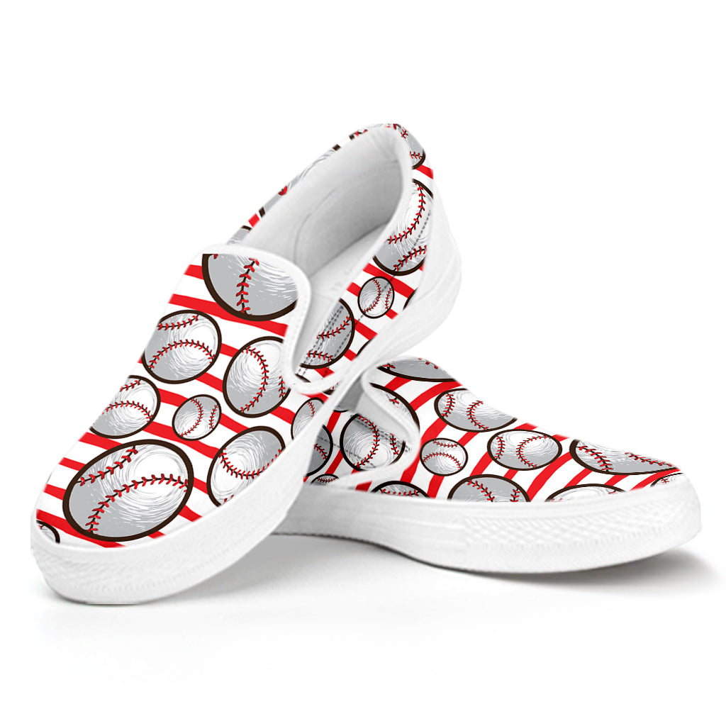 Red Striped Baseball Pattern Print White Slip On Shoes