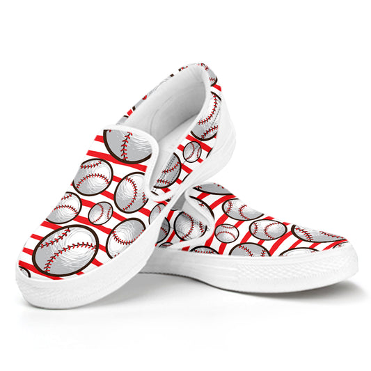 Red Striped Baseball Pattern Print White Slip On Shoes