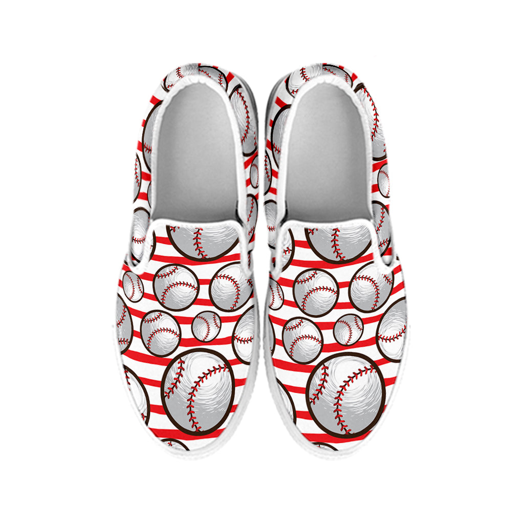 Red Striped Baseball Pattern Print White Slip On Shoes