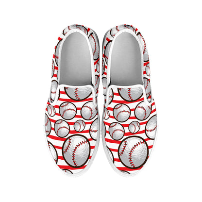 Red Striped Baseball Pattern Print White Slip On Shoes