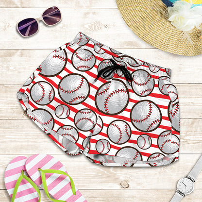Red Striped Baseball Pattern Print Women's Shorts