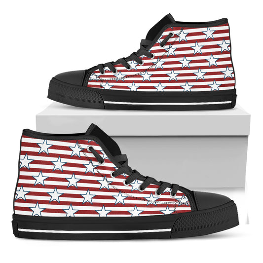 Red Striped USA Star Pattern Print Black High Top Shoes