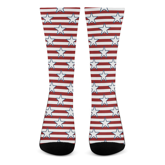 Red Striped USA Star Pattern Print Crew Socks