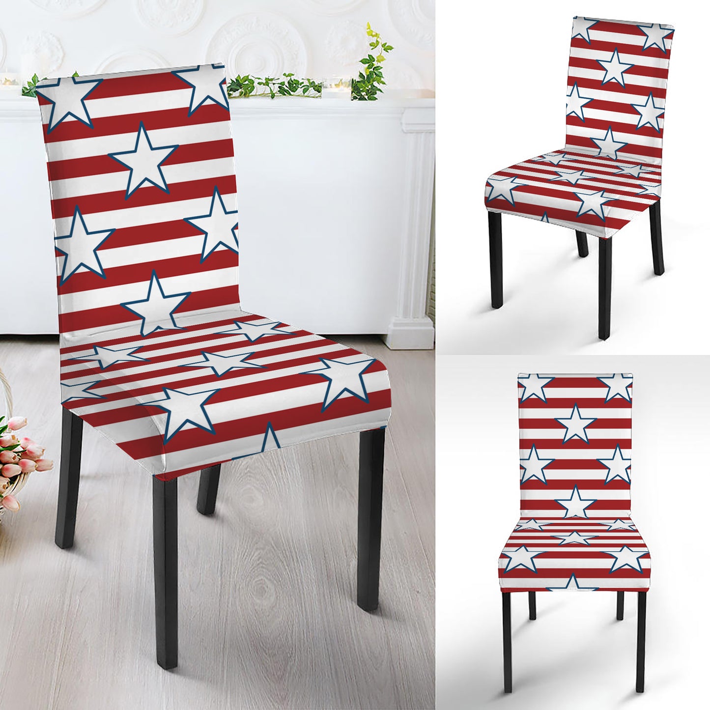 Red Striped USA Star Pattern Print Dining Chair Slipcover