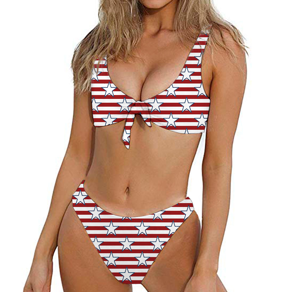 Red Striped USA Star Pattern Print Front Bow Tie Bikini