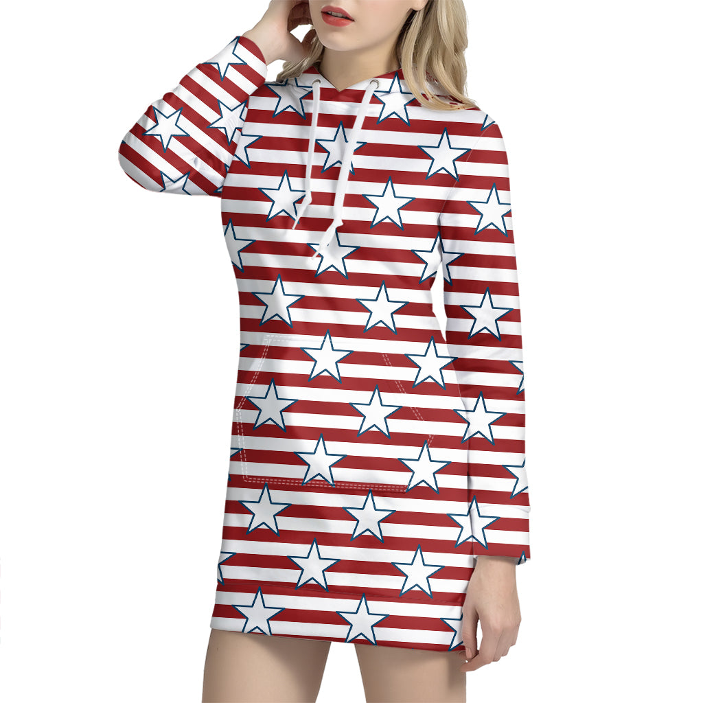 Red Striped USA Star Pattern Print Hoodie Dress