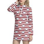 Red Striped USA Star Pattern Print Hoodie Dress