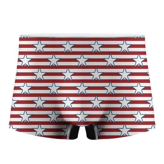 Red Striped USA Star Pattern Print Men's Boxer Briefs