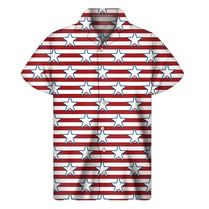 Red Striped USA Star Pattern Print Men's Short Sleeve Shirt