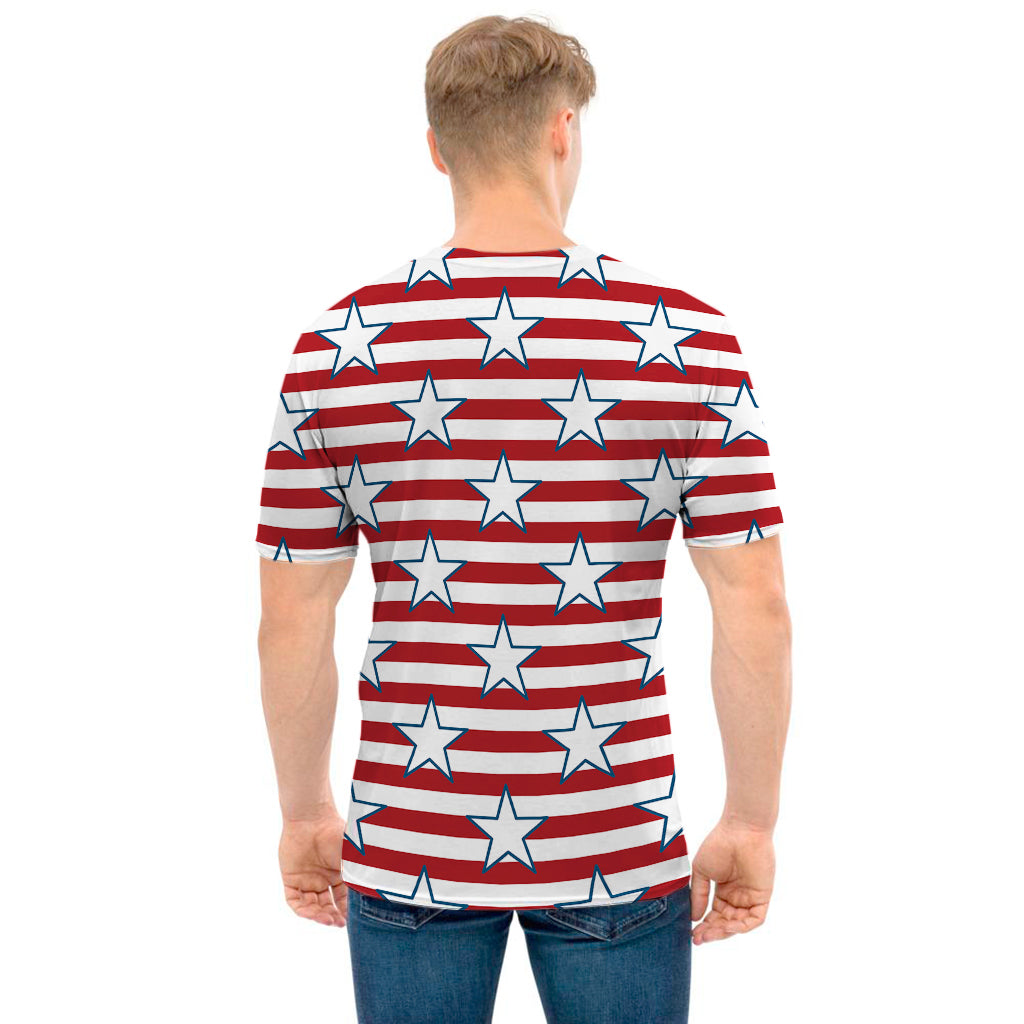 Red Striped USA Star Pattern Print Men's T-Shirt