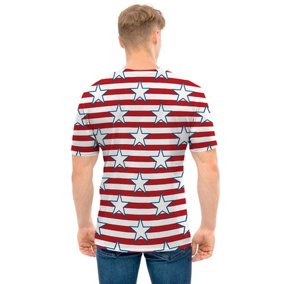 Red Striped USA Star Pattern Print Men's T-Shirt