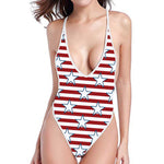 Red Striped USA Star Pattern Print One Piece High Cut Swimsuit