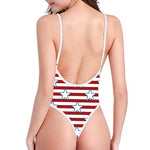 Red Striped USA Star Pattern Print One Piece High Cut Swimsuit