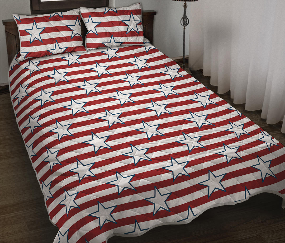 Red Striped USA Star Pattern Print Quilt Bed Set