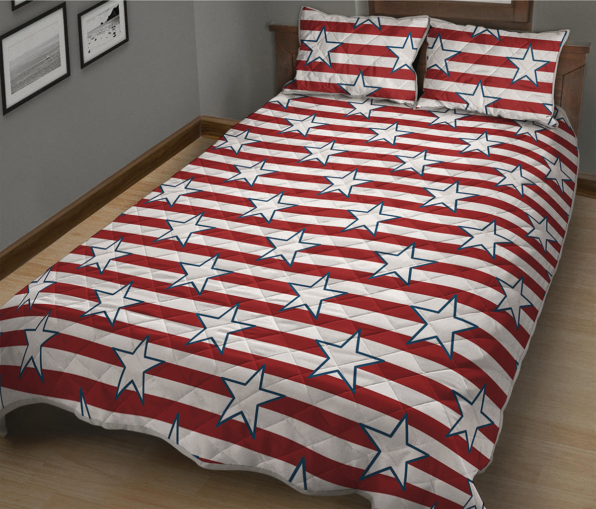 Red Striped USA Star Pattern Print Quilt Bed Set