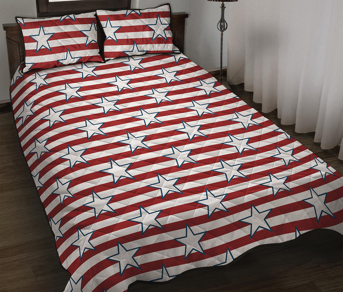 Red Striped USA Star Pattern Print Quilt Bed Set