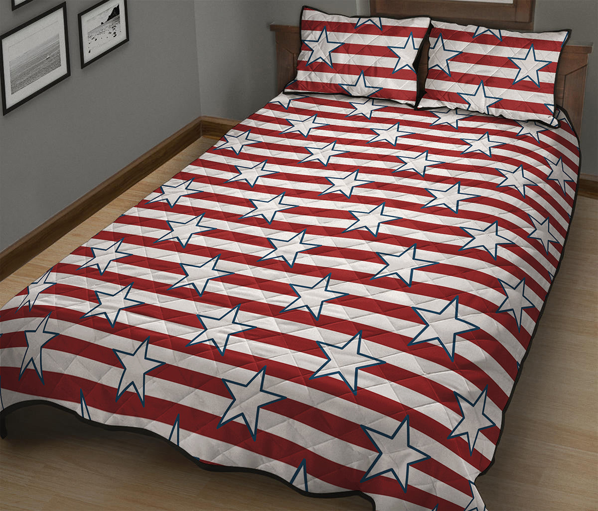 Red Striped USA Star Pattern Print Quilt Bed Set