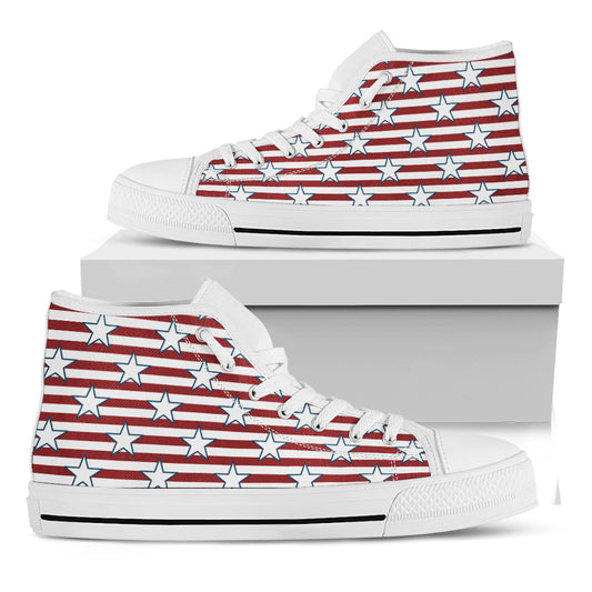 Red Striped USA Star Pattern Print White High Top Shoes