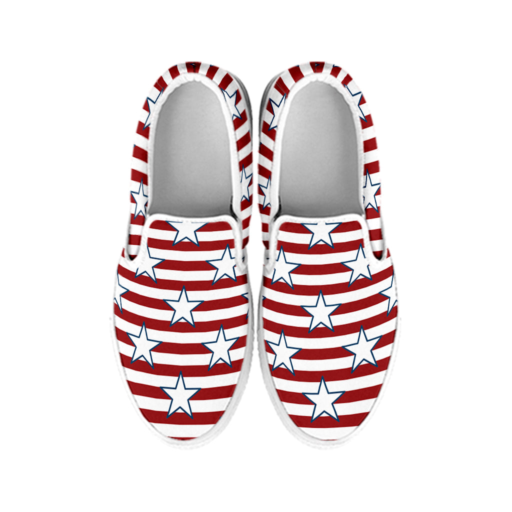 Red Striped USA Star Pattern Print White Slip On Shoes