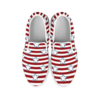 Red Striped USA Star Pattern Print White Slip On Shoes