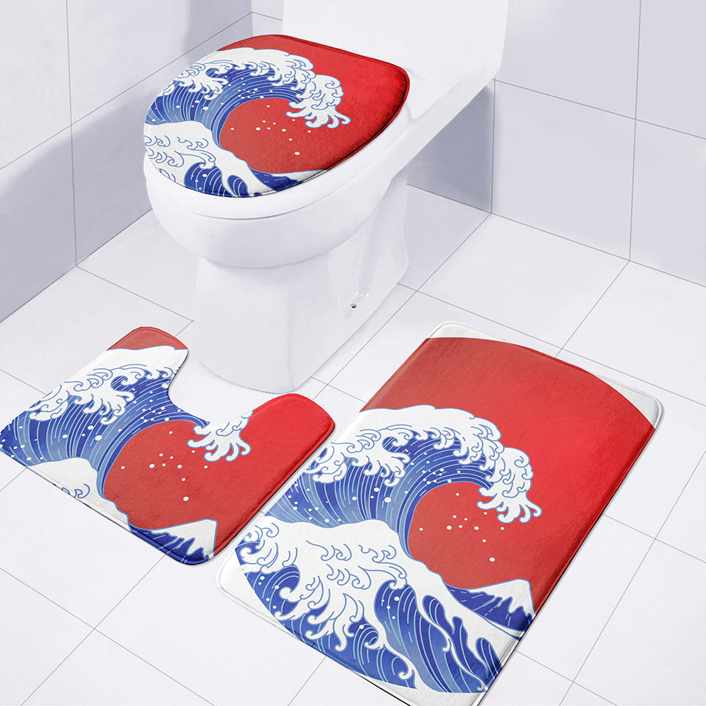Red Sun Japanese Wave Print 3 Piece Bath Mat Set