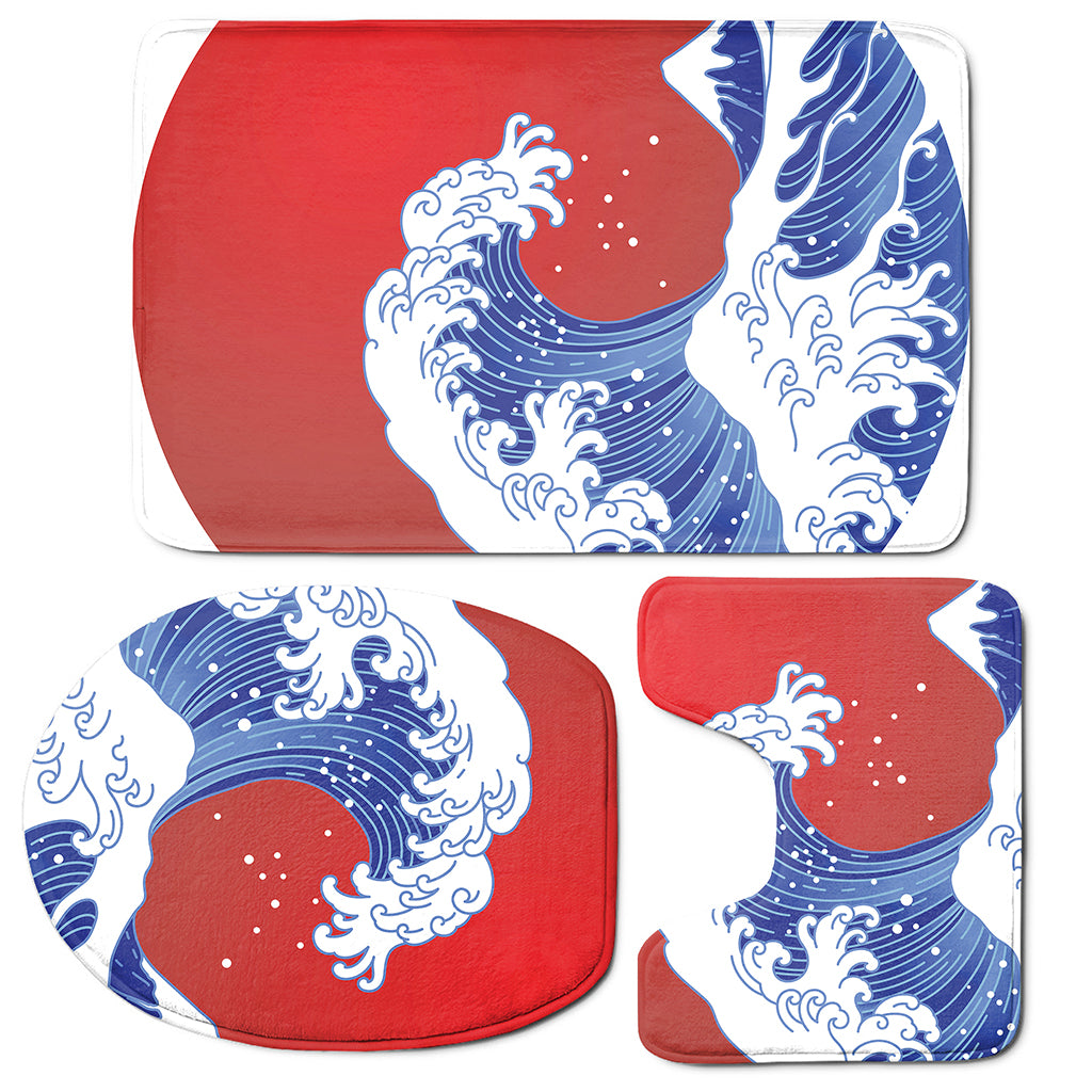 Red Sun Japanese Wave Print 3 Piece Bath Mat Set