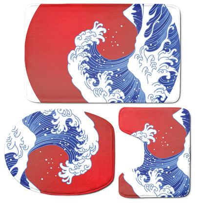 Red Sun Japanese Wave Print 3 Piece Bath Mat Set