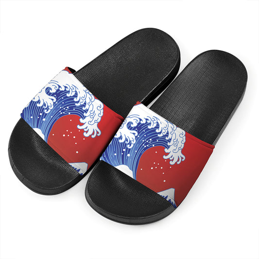 Red Sun Japanese Wave Print Black Slide Sandals