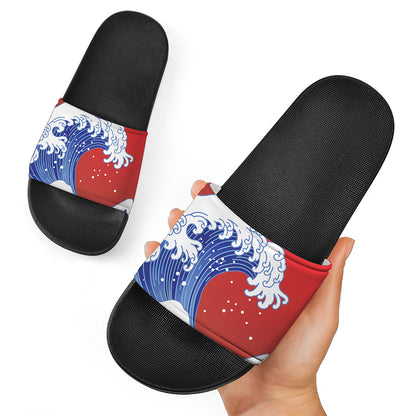Red Sun Japanese Wave Print Black Slide Sandals