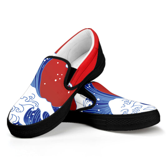 Red Sun Japanese Wave Print Black Slip On Shoes