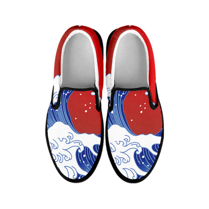 Red Sun Japanese Wave Print Black Slip On Shoes