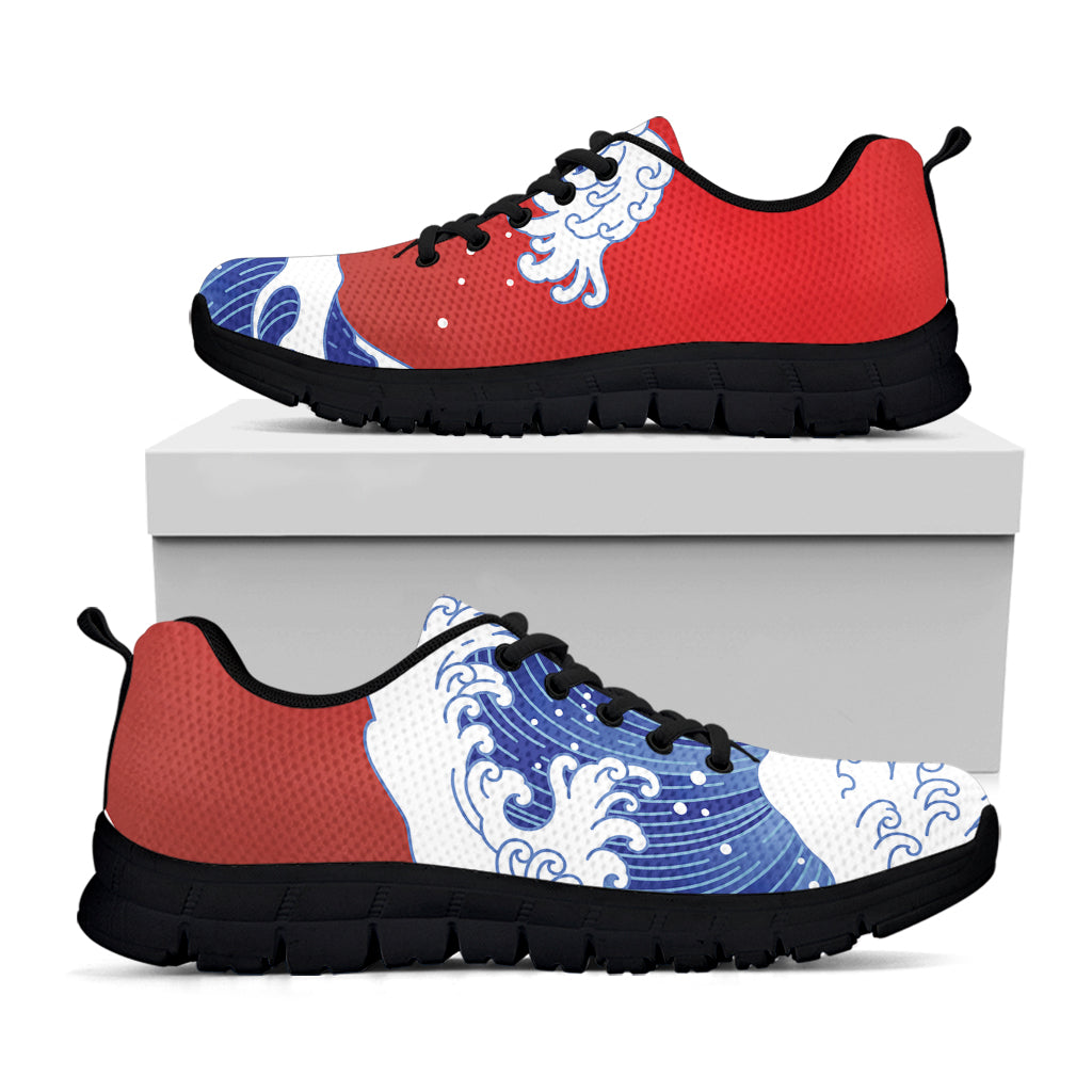 Red Sun Japanese Wave Print Black Sneakers