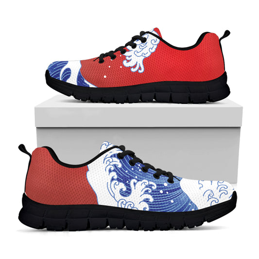 Red Sun Japanese Wave Print Black Sneakers