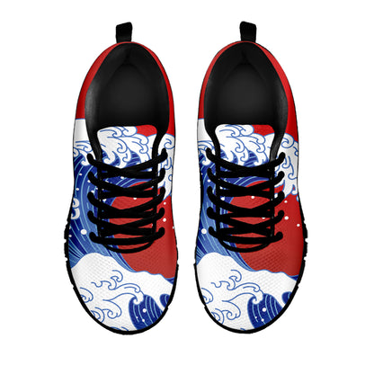 Red Sun Japanese Wave Print Black Sneakers