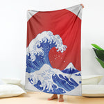 Red Sun Japanese Wave Print Blanket