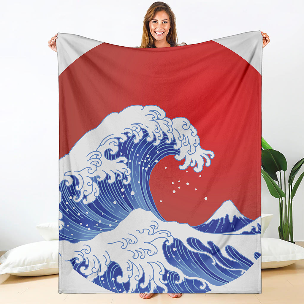 Red Sun Japanese Wave Print Blanket