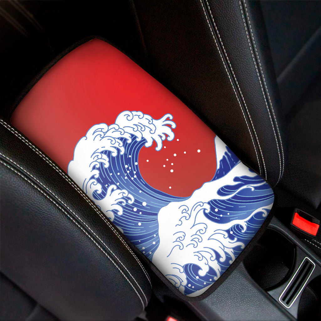 Red Sun Japanese Wave Print Car Center Console Cover