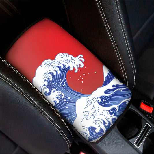 Red Sun Japanese Wave Print Car Center Console Cover