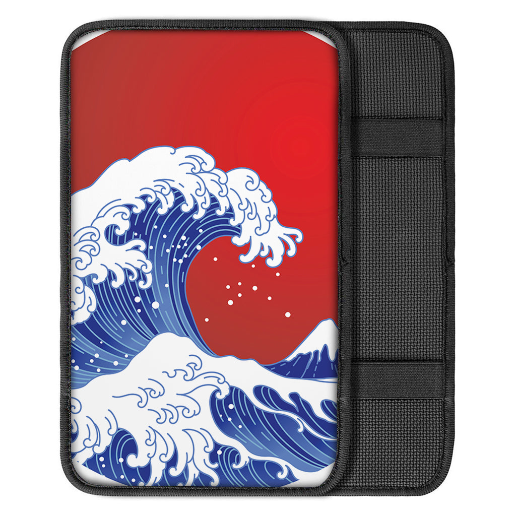 Red Sun Japanese Wave Print Car Center Console Cover