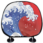 Red Sun Japanese Wave Print Car Headrest Covers