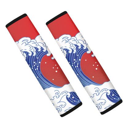 Red Sun Japanese Wave Print Car Seat Belt Covers