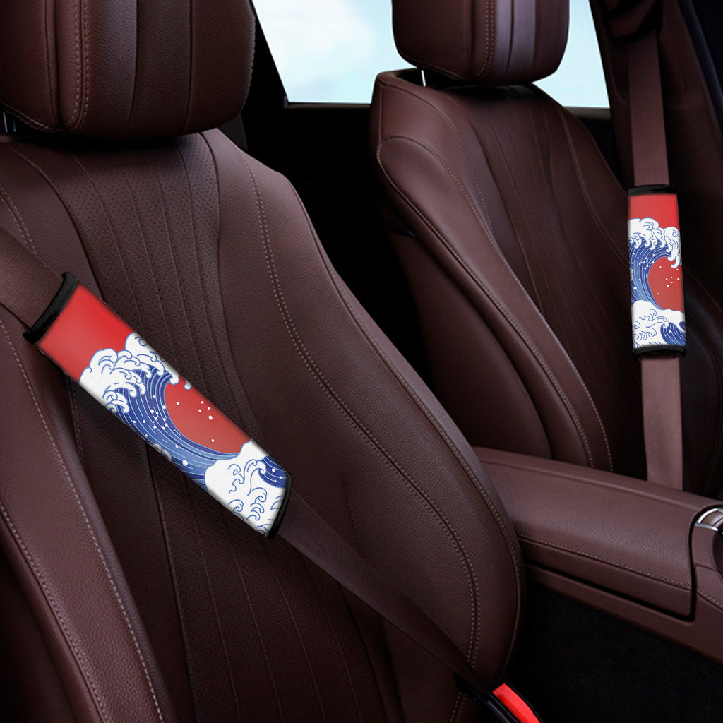 Red Sun Japanese Wave Print Car Seat Belt Covers