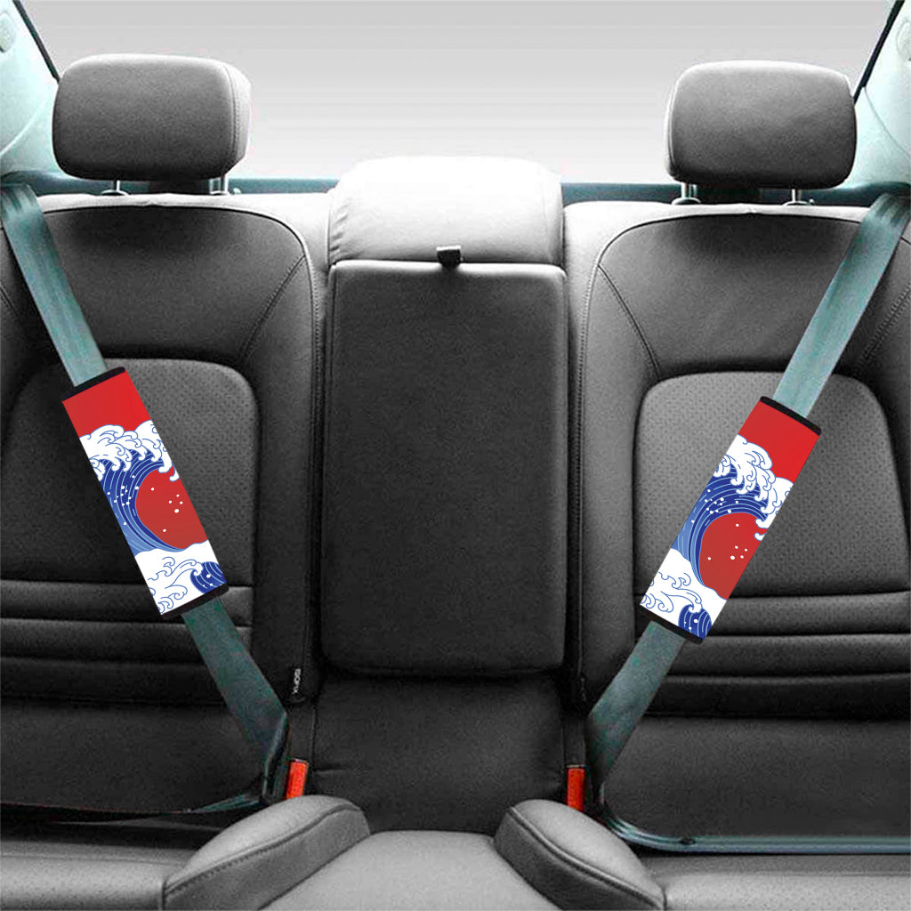 Red Sun Japanese Wave Print Car Seat Belt Covers